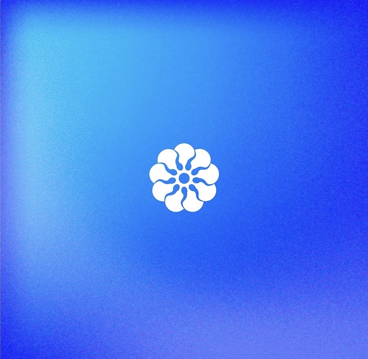 Isotipo blanco con forma de flor sobre un degradado azul